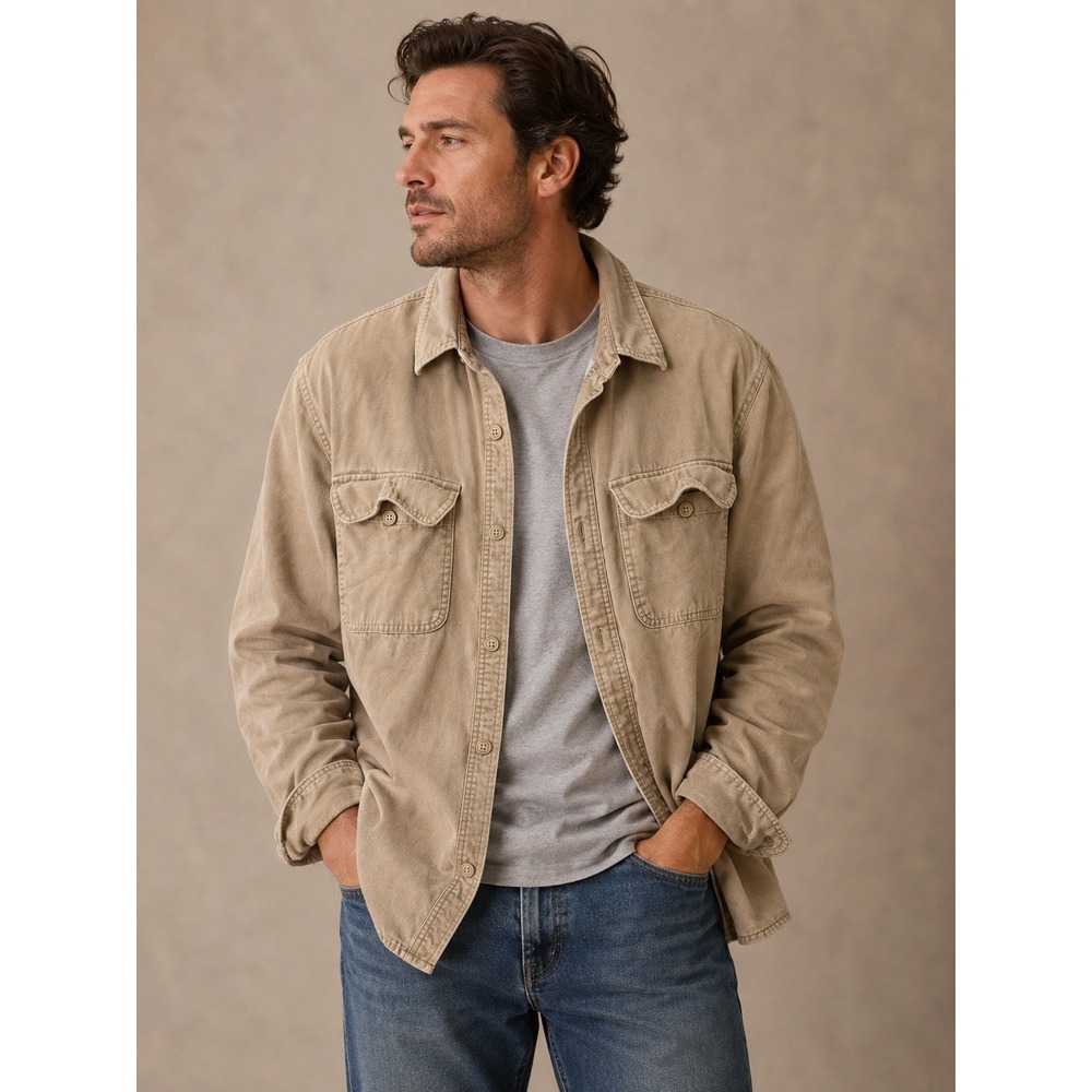 L.L. Bean Mens Shirt Jacket XL Tan Lined Canvas Workwear 279926